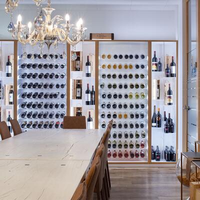 Product image for 'Wine rack system Piedmont, fir wood, white lacquered with light brown veneered alder edge'