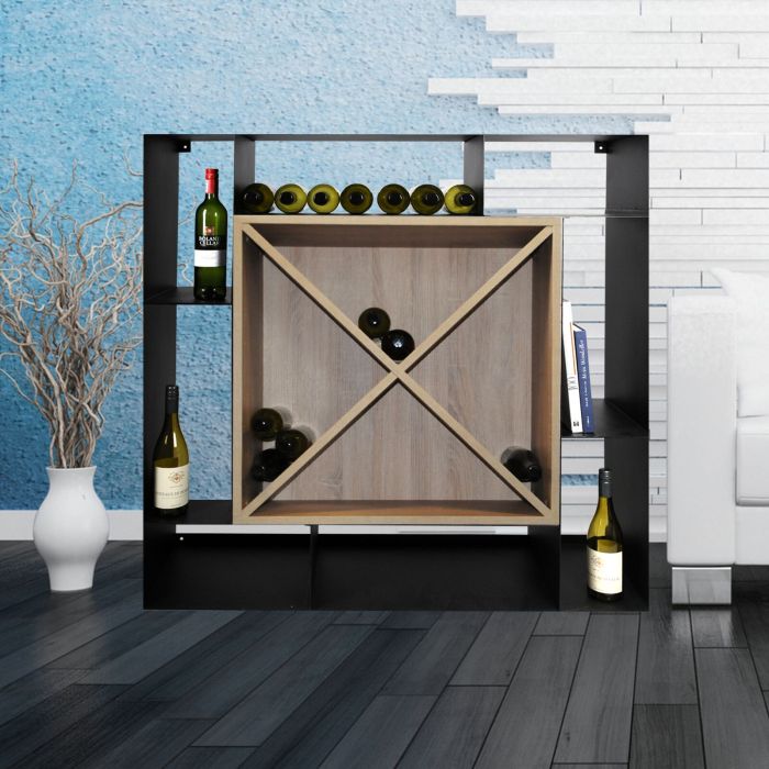 Wine rack NERO, light oak & metal, X shape